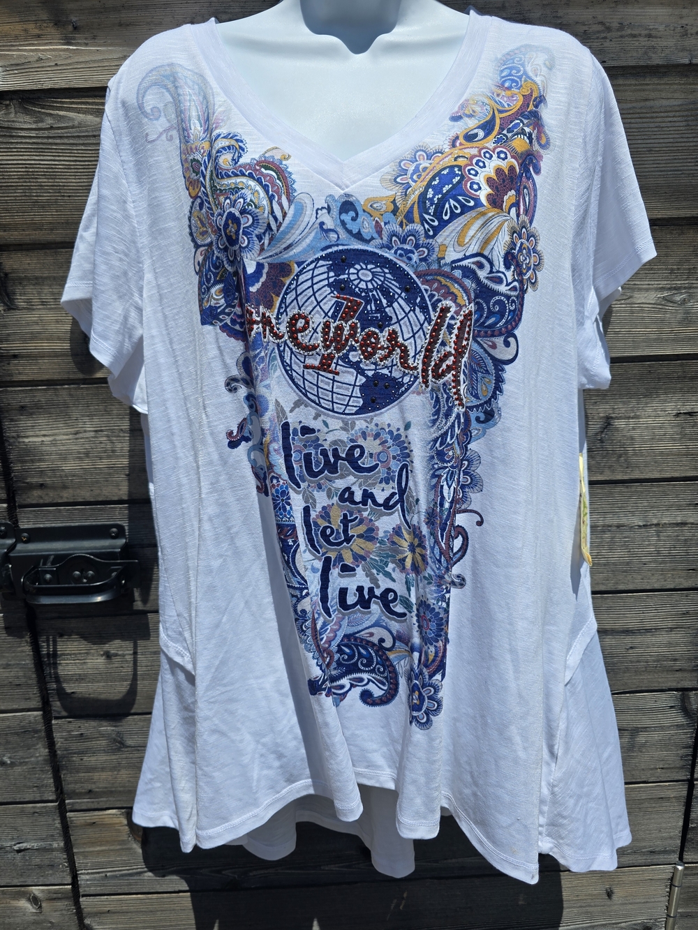 ONE WORLD White V-Neck Paisley Graphic Tee with Blue and Gold Accents - Picture 2 of 3